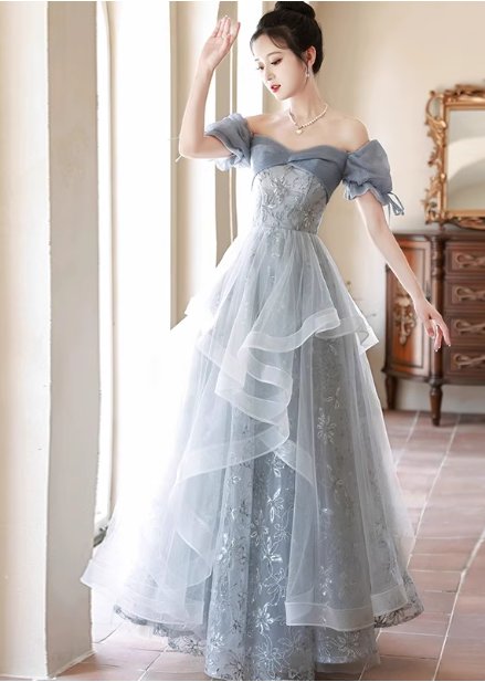 Princess Slate Blue A-line Puff Sleeve Embroidered Tulle Long Prom Dress Evening Dress P4484