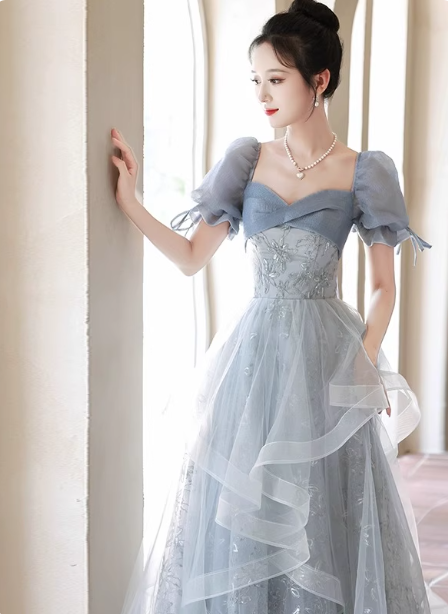 Princess Slate Blue A-line Puff Sleeve Embroidered Tulle Long Prom Dress Evening Dress P4484