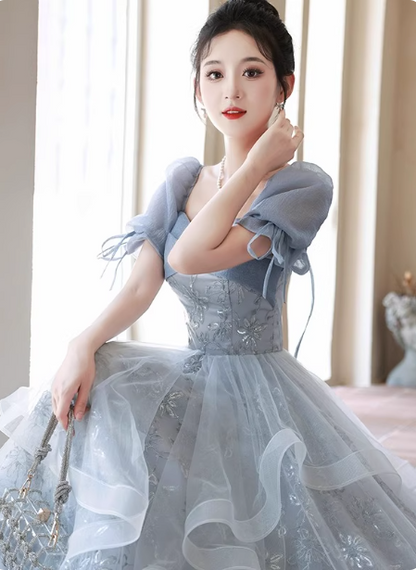 Princess Slate Blue A-line Puff Sleeve Embroidered Tulle Long Prom Dress Evening Dress P4484