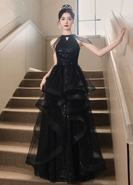 Elegant Black A-line Halter Neck Chain Sequined Tulle Long Prom Dress Evening Dress P4485