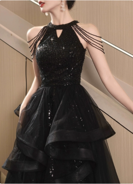 Elegant Black A-line Halter Neck Chain Sequined Tulle Long Prom Dress Evening Dress P4485