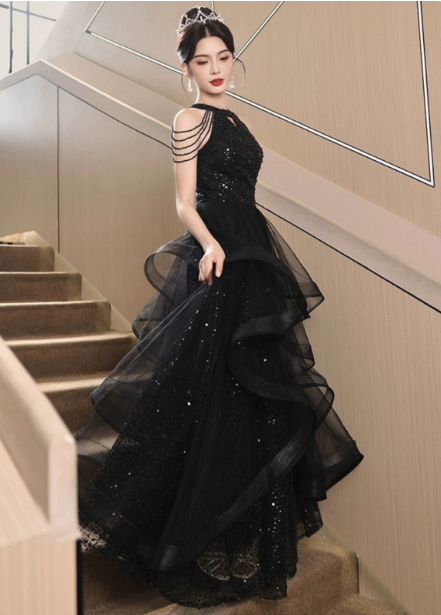 Elegant Black A-line Halter Neck Chain Sequined Tulle Long Prom Dress Evening Dress P4485