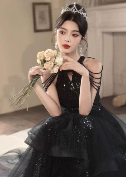 Elegant Black A-line Halter Neck Chain Sequined Tulle Long Prom Dress Evening Dress P4485