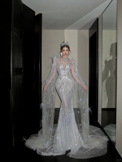 Elegant Glittering Silvery Beaded Sequined Design Mermaid Wedding Dress Prom Dress Evening Dress TP4236