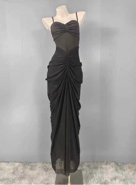 Elegant Black Mermaid Spaghetti Strap Ruched Chiffon Long Prom Dress Evening Dress P4486