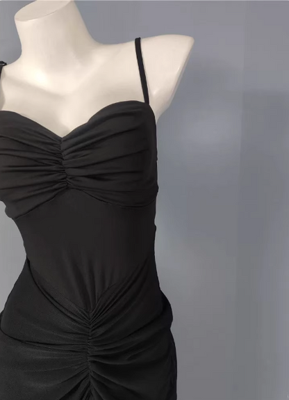 Elegant Black Mermaid Spaghetti Strap Ruched Chiffon Long Prom Dress Evening Dress P4486