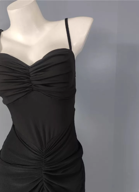 Elegant Black Mermaid Spaghetti Strap Ruched Chiffon Long Prom Dress Evening Dress P4486