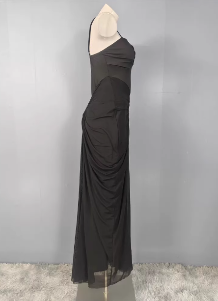 Elegant Black Mermaid Spaghetti Strap Ruched Chiffon Long Prom Dress Evening Dress P4486