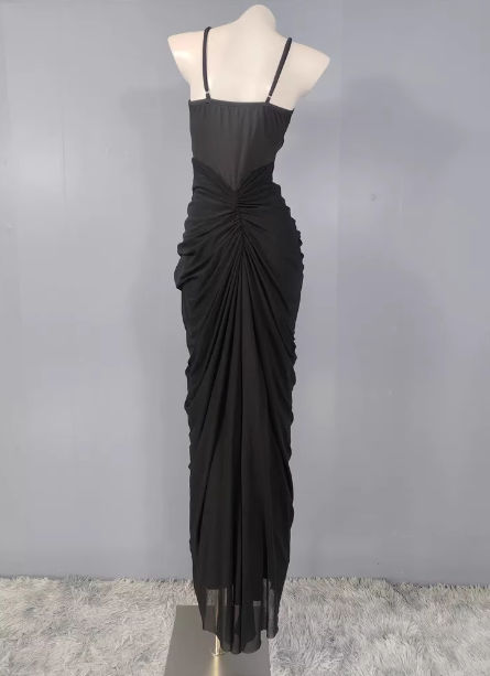 Elegant Black Mermaid Spaghetti Strap Ruched Chiffon Long Prom Dress Evening Dress P4486