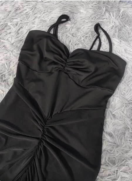 Elegant Black Mermaid Spaghetti Strap Ruched Chiffon Long Prom Dress Evening Dress P4486