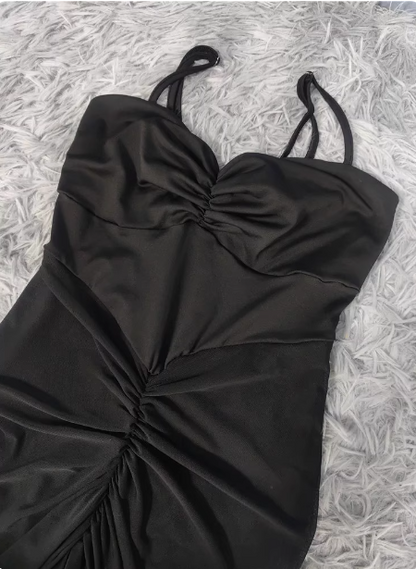 Elegant Black Mermaid Spaghetti Strap Ruched Chiffon Long Prom Dress Evening Dress P4486