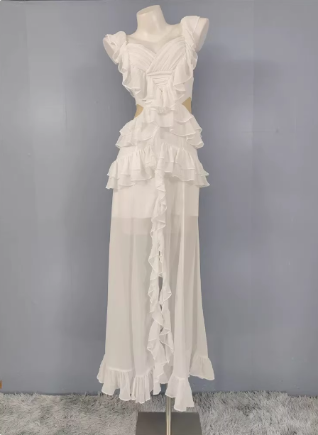 Elegant White V-neck Ruffled Chiffon Long Prom Dress Evening Dress P4487