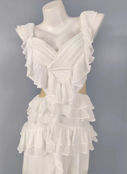Elegant White V-neck Ruffled Chiffon Long Prom Dress Evening Dress P4487
