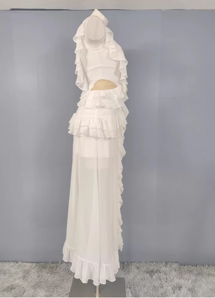 Elegant White V-neck Ruffled Chiffon Long Prom Dress Evening Dress P4487
