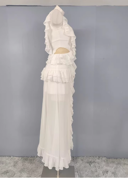 Elegant White V-neck Ruffled Chiffon Long Prom Dress Evening Dress P4487