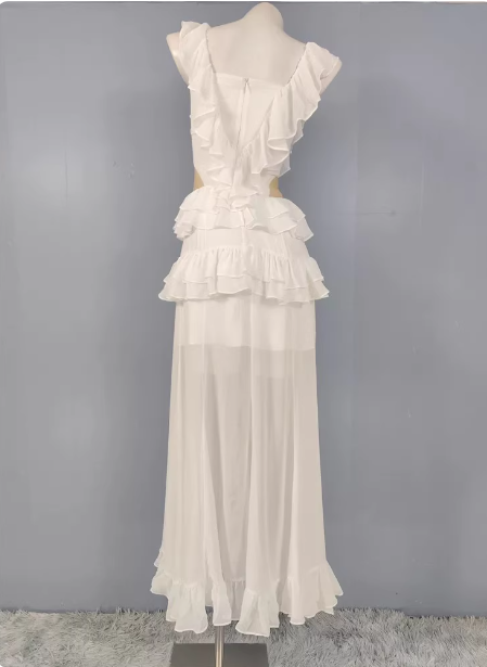 Elegant White V-neck Ruffled Chiffon Long Prom Dress Evening Dress P4487