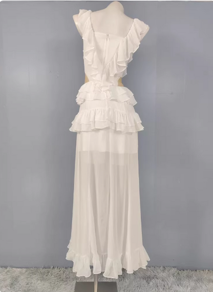 Elegant White V-neck Ruffled Chiffon Long Prom Dress Evening Dress P4487
