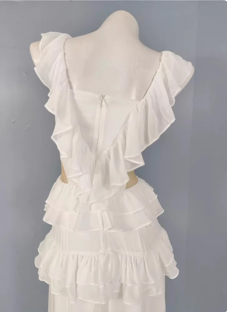 Elegant White V-neck Ruffled Chiffon Long Prom Dress Evening Dress P4487