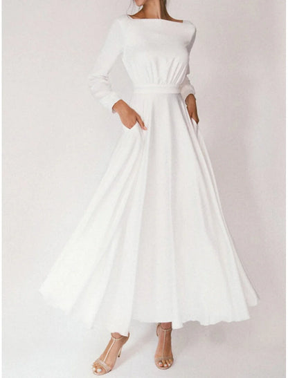 omberprom Bridal Shower Little Dresses Casual Wedding Dresses A-Line Square Neck Long Sleeve Ankle Length Chiffon Bridal Gowns With Pleats