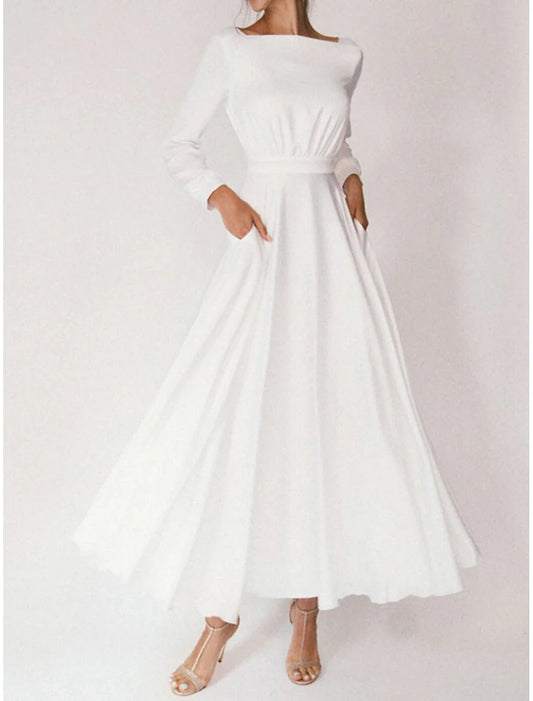 omberprom Bridal Shower Little Dresses Casual Wedding Dresses A-Line Square Neck Long Sleeve Ankle Length Chiffon Bridal Gowns With Pleats