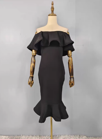 Elegant Black Mermaid Off-the-shoulder Ruffled Satin Prom Dress Evening Dress P4488