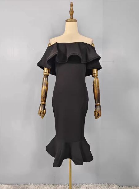 Elegant Black Mermaid Off-the-shoulder Ruffled Satin Prom Dress Evening Dress P4488