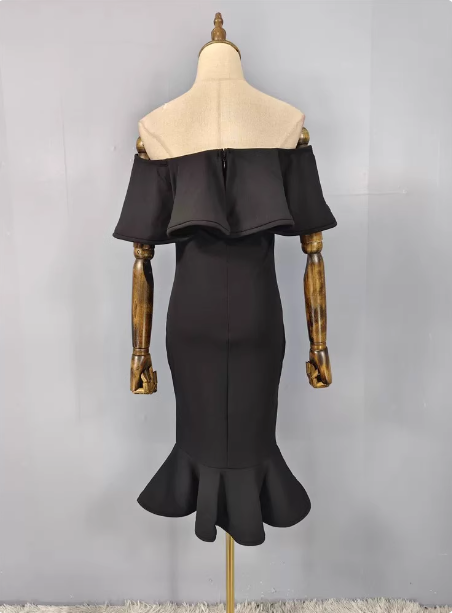 Elegant Black Mermaid Off-the-shoulder Ruffled Satin Prom Dress Evening Dress P4488
