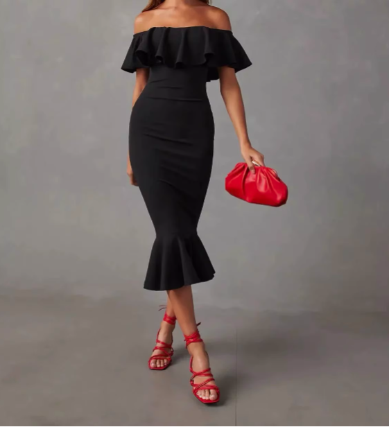 Elegant Black Mermaid Off-the-shoulder Ruffled Satin Prom Dress Evening Dress P4488