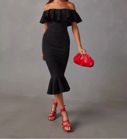 Elegant Black Mermaid Off-the-shoulder Ruffled Satin Prom Dress Evening Dress P4488