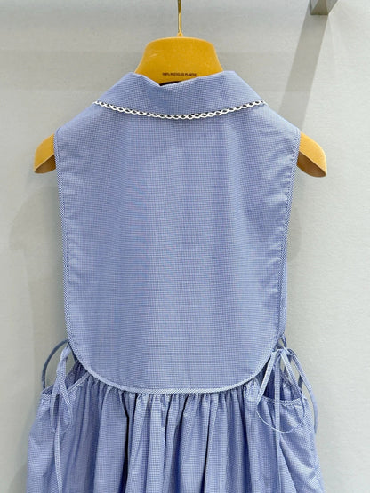 Miu Miu 2026 Plaid Sleeveless Dress Blue Cotton