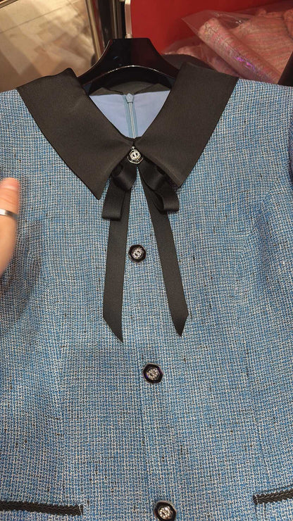 CC Vintage Suit Woolen Bow Neck Dress Blue Wool