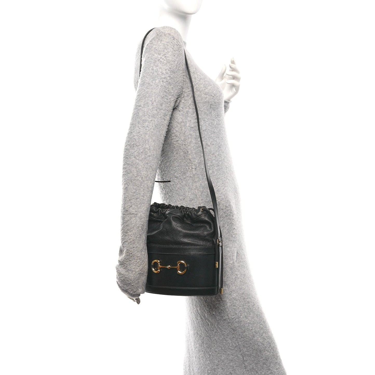 Azalea Sakai Calfskin Horsebit 1955 Drawstring Bucket Bag Black
