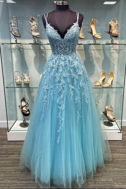 Blue v neck tulle lace long prom dress blue tulle lace evening dress