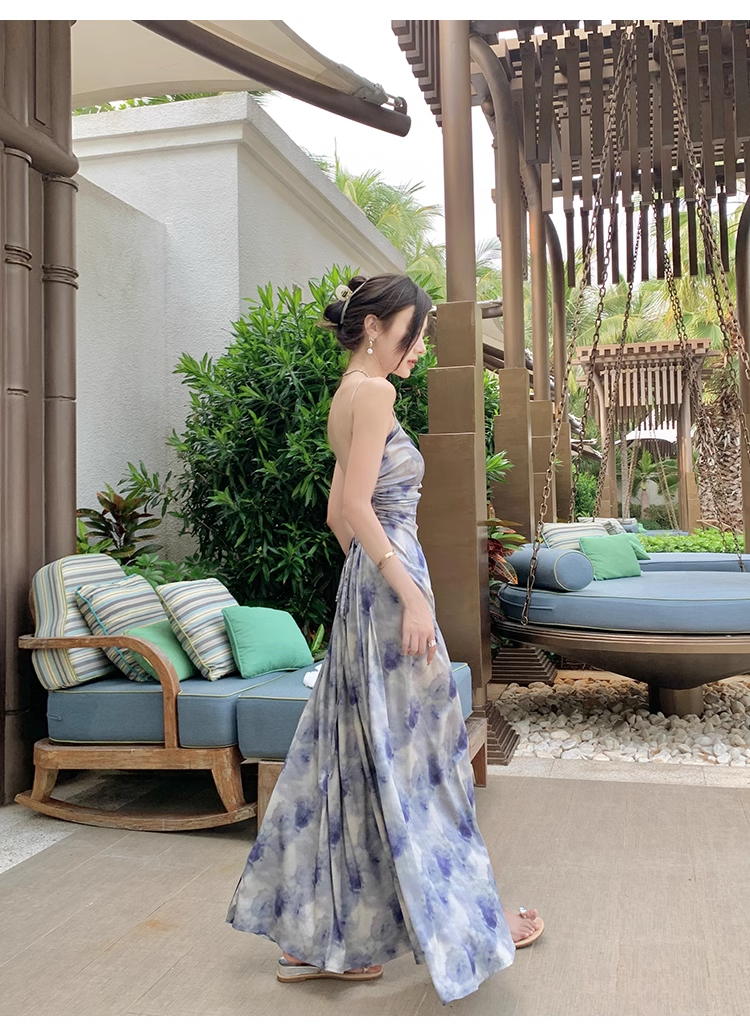 New Simple Elegant Floral Design Beach Holiday Spaghetti Strap Dress TP3068