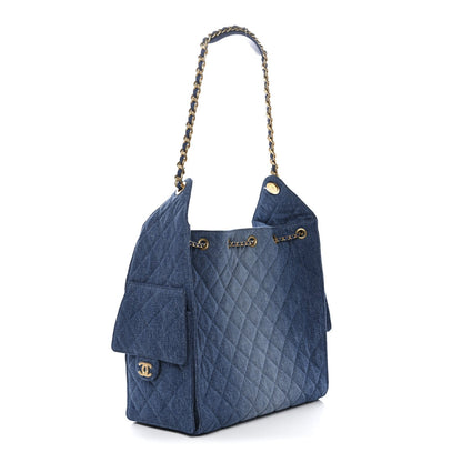 Washed Denim Quilted Medium Chanel 25 Handbag Blue