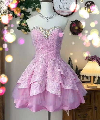 Pink tube top neckline diamond-studded slim fit homecoming dress R2546