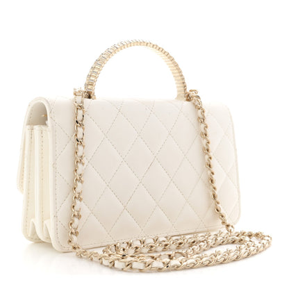 Lambskin Quilted Crystal Top Handle Rectangular Flap White