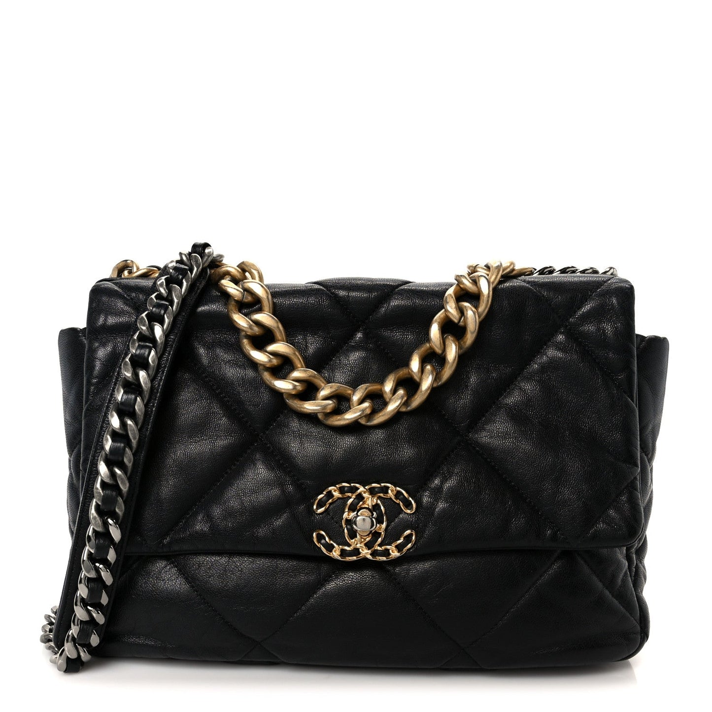 Shiny Goatskin Quilted Large Chanel 19 Flap Black