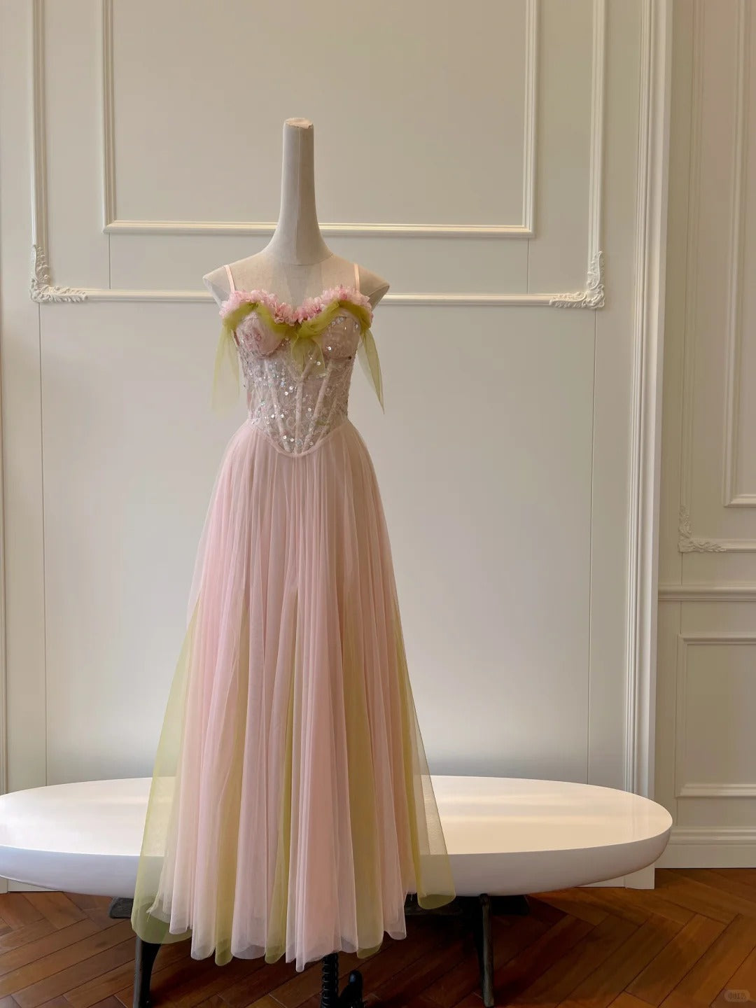 Sweet Pink A-line Suspenders Sequined Tulle Long Prom Dress Evening Dress Bridesmaid Dress P4049