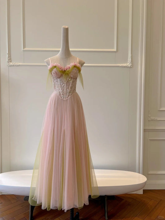 Sweet Pink A-line Suspenders Sequined Tulle Long Prom Dress Evening Dress Bridesmaid Dress P4049