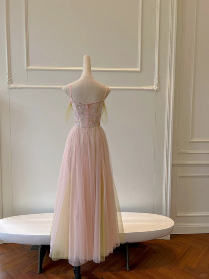 Sweet Pink A-line Suspenders Sequined Tulle Long Prom Dress Evening Dress Bridesmaid Dress P4049