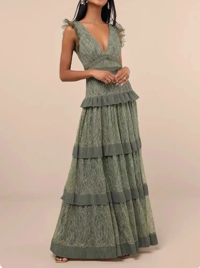 Elegant Sage Green A-line Ruffled V-neck Layered Lace Long Prom Dress Evening Dress P4490