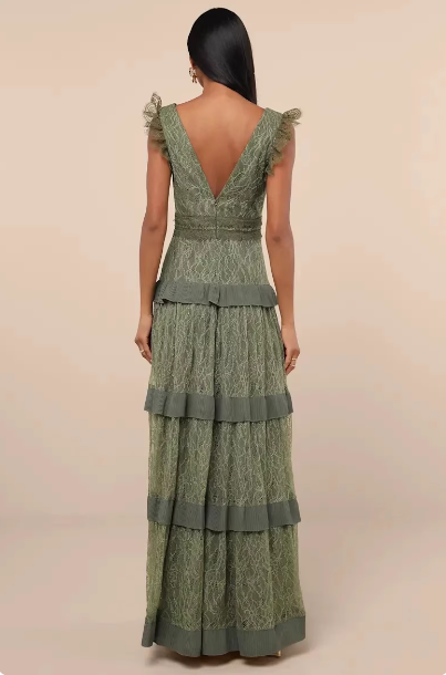 Elegant Sage Green A-line Ruffled V-neck Layered Lace Long Prom Dress Evening Dress P4490