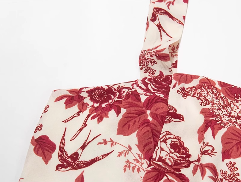 2025 Summer New Romantic Red Floral Waist Tie Holiday Suspender Dress R0922