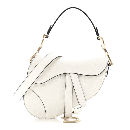 Grained Calfskin Mini Saddle Bag With Strap White