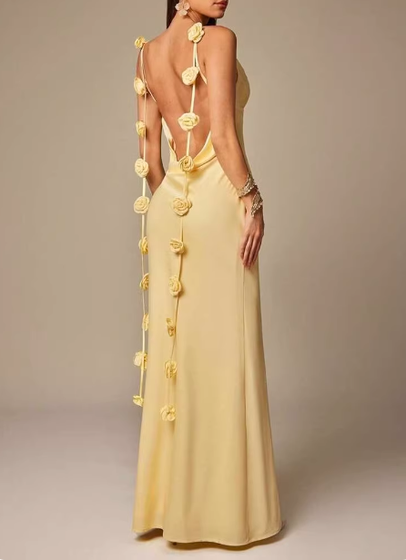Elegant Pale Yellow 3D Rose Spaghetti Strap Open Back Slim-fit Satin Long Prom Dress Evening Dress P4492