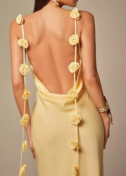 Elegant Pale Yellow 3D Rose Spaghetti Strap Open Back Slim-fit Satin Long Prom Dress Evening Dress P4492