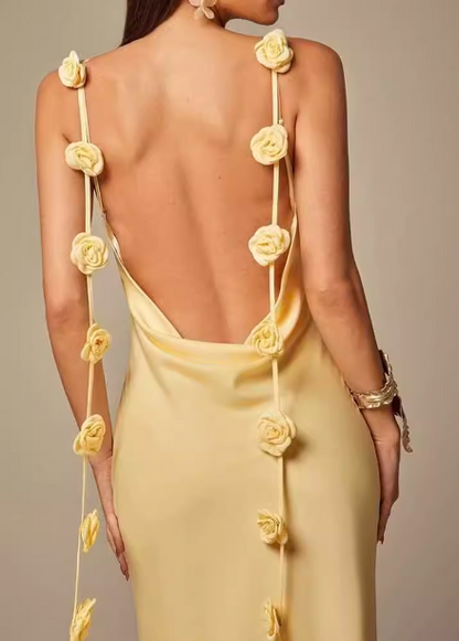 Elegant Pale Yellow 3D Rose Spaghetti Strap Open Back Slim-fit Satin Long Prom Dress Evening Dress P4492