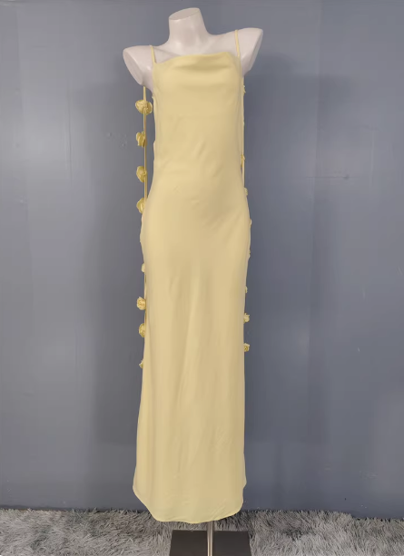 Elegant Pale Yellow 3D Rose Spaghetti Strap Open Back Slim-fit Satin Long Prom Dress Evening Dress P4492