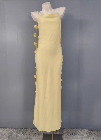 Elegant Pale Yellow 3D Rose Spaghetti Strap Open Back Slim-fit Satin Long Prom Dress Evening Dress P4492